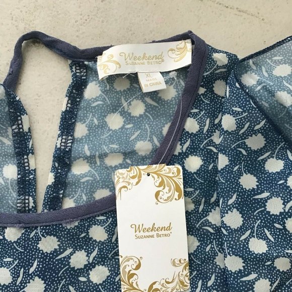 Suzanne Betro Weekend Womens Navy Floral Ruffle Sleeve Round Neck Blouse Size XL - Picture 9 of 11